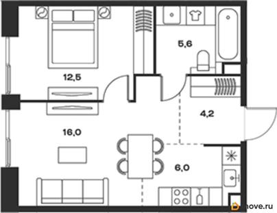 1-комн. квартира, 44.3 м&sup2;