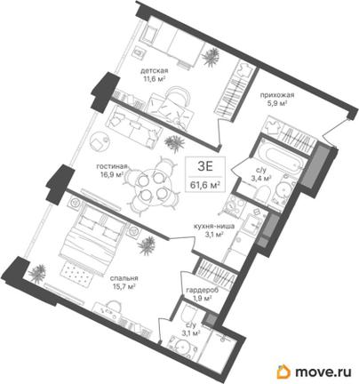 2-комн. квартира, 61.6 м&sup2;