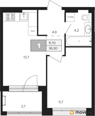 1-комн. квартира, 36.3 м&sup2;