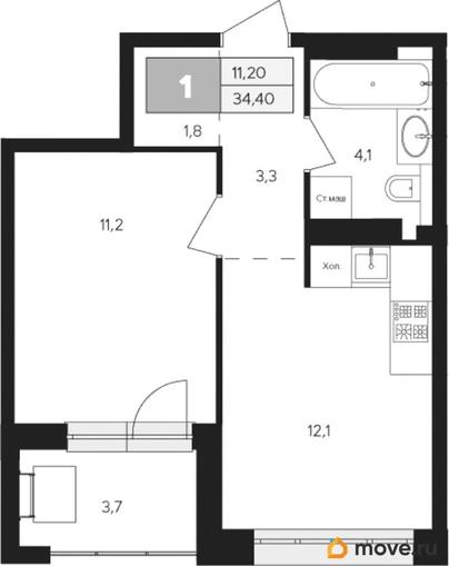 1-комн. квартира, 34.4 м&sup2;