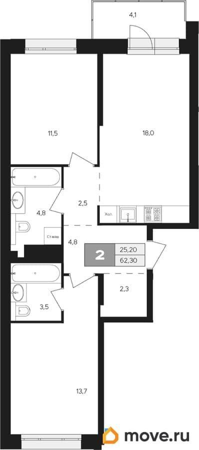 2-комн. квартира, 62.3 м&sup2;