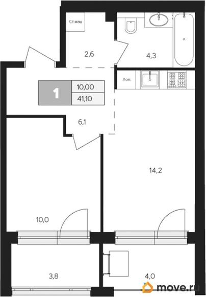1-комн. квартира, 41.1 м&sup2;