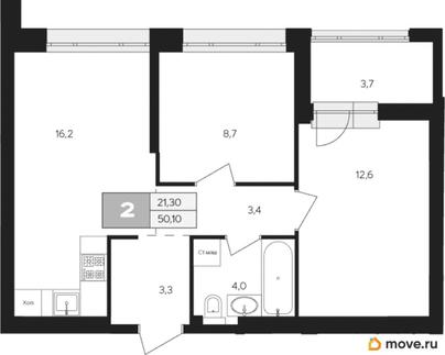 2-комн. квартира, 50.1 м&sup2;