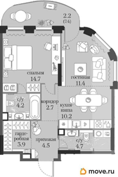1-комн. квартира, 58.5 м&sup2;
