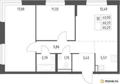 2-комн. квартира, 60.29 м&sup2;