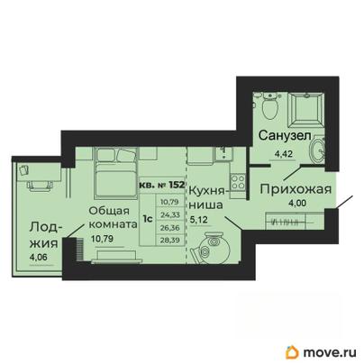 1-комн. квартира, 26.36 м&sup2;