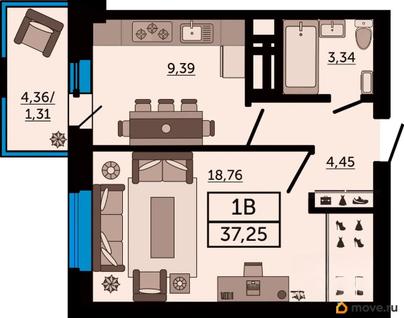 1-комн. квартира, 37.25 м&sup2;