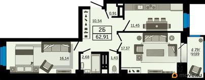 2-комн. квартира, 62.91 м&sup2;