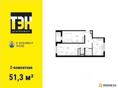 2-комн. квартира, 51.3 м&sup2;