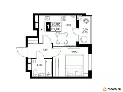 1-комн. квартира, 32.5 м&sup2;