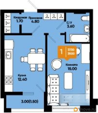 1-комн. квартира, 38.9 м&sup2;