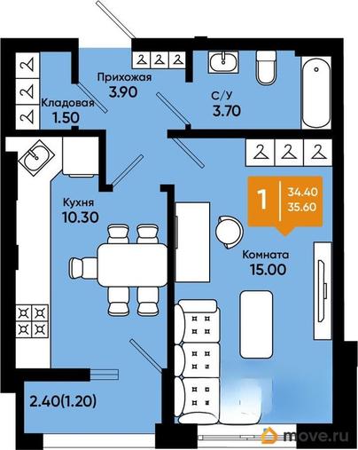 1-комн. квартира, 35.4 м&sup2;