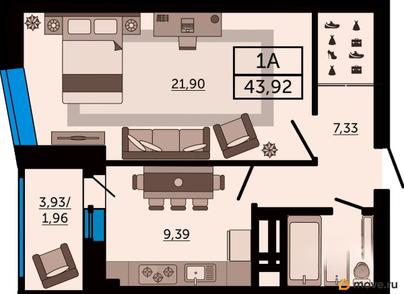 1-комн. квартира, 43.92 м&sup2;