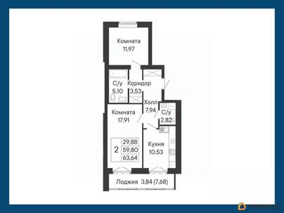 2-комн. квартира, 63.64 м&sup2;