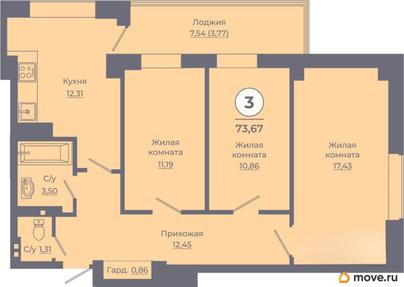 3-комн. квартира, 73.45 м&sup2;