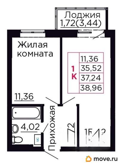 1-комн. квартира, 37.24 м&sup2;