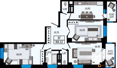 3-комн. квартира, 88.12 м&sup2;