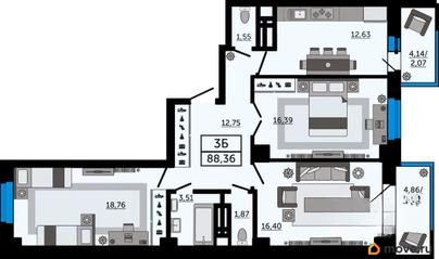 3-комн. квартира, 88.36 м&sup2;