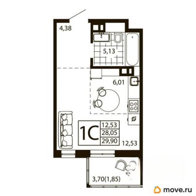 1-комн. квартира, 27.4 м&sup2;
