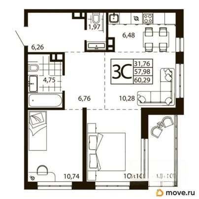 3-комн. квартира, 56.89 м&sup2;