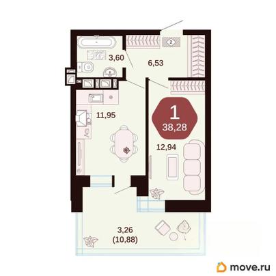 1-комн. квартира, 38.28 м&sup2;