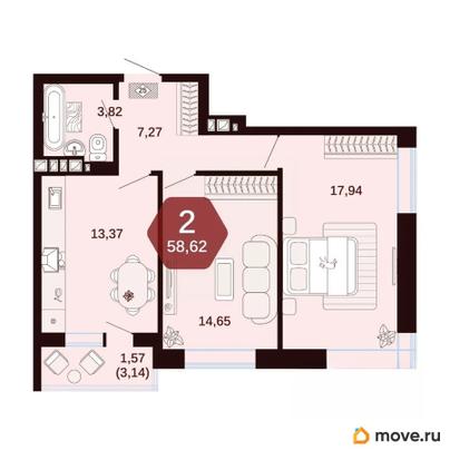 2-комн. квартира, 58.62 м&sup2;