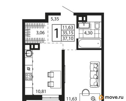 1-комн. квартира, 34.42 м&sup2;