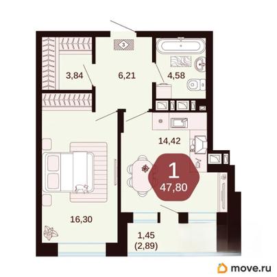 1-комн. квартира, 47.8 м&sup2;