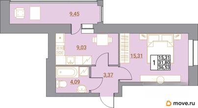 1-комн. квартира, 35.3 м&sup2;