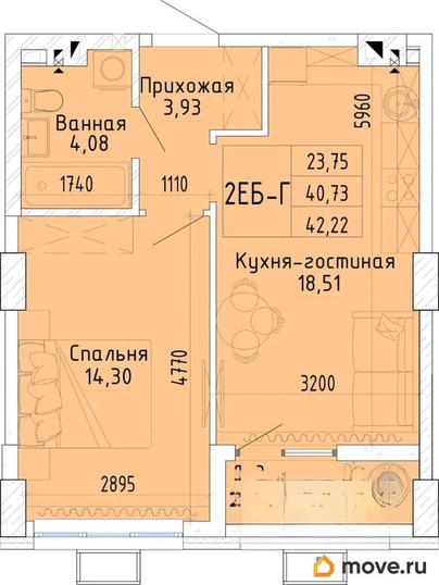 1-комн. квартира, 42.33 м&sup2;