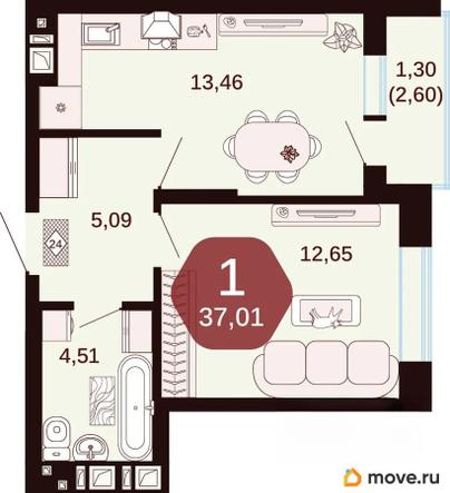 1-комн. квартира, 37.01 м&sup2;
