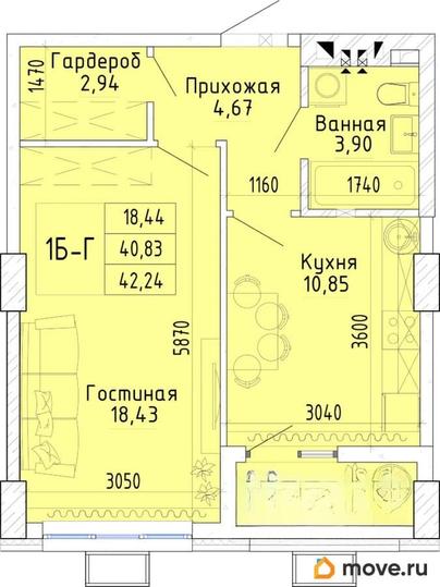 1-комн. квартира, 43.96 м&sup2;