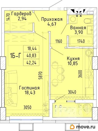 1-комн. квартира, 43.92 м&sup2;