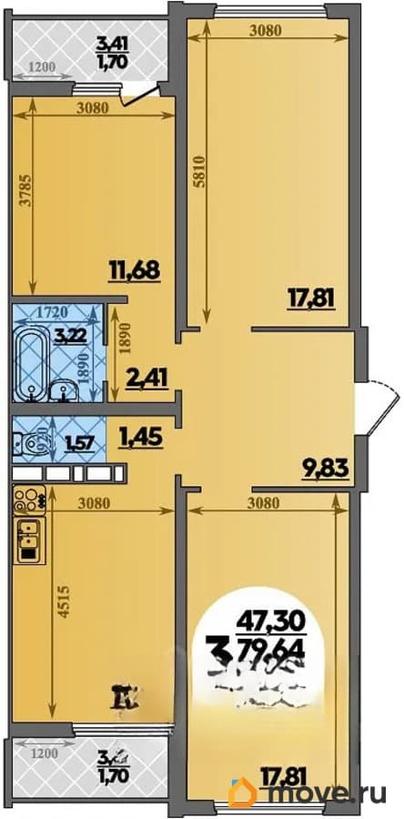 3-комн. квартира, 83.04 м&sup2;