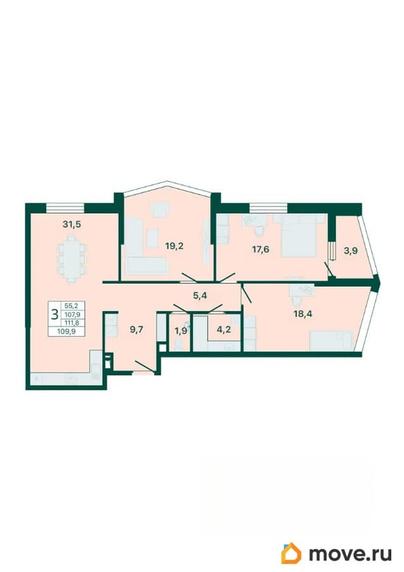 3-комн. квартира, 109.9 м&sup2;