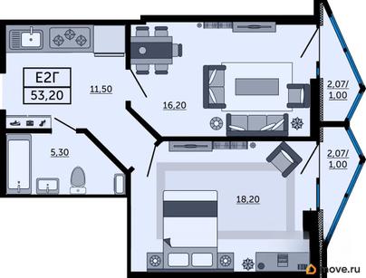 2-комн. квартира, 53.1 м&sup2;