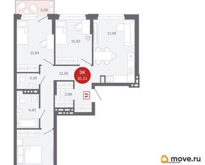 3-комн. квартира, 81.01 м&sup2;