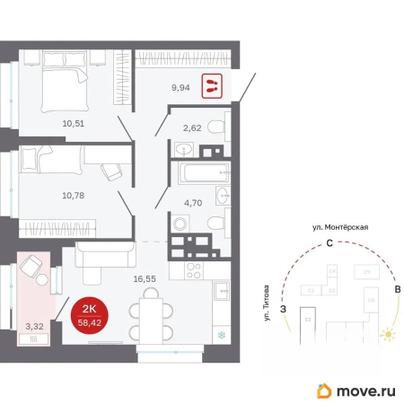 2-комн. квартира, 58.42 м&sup2;