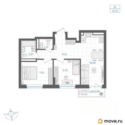 2-комн. квартира, 55.24 м&sup2;