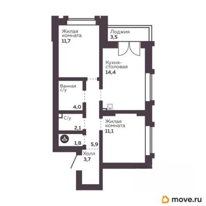 2-комн. квартира, 54.7 м&sup2;