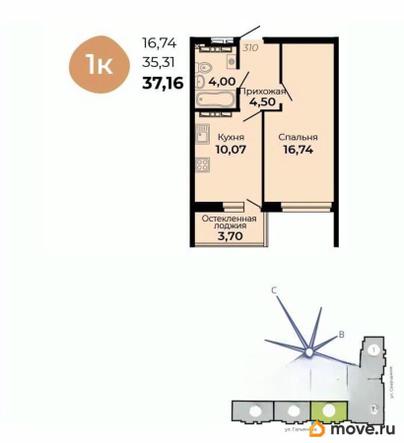 1-комн. квартира, 37.16 м&sup2;