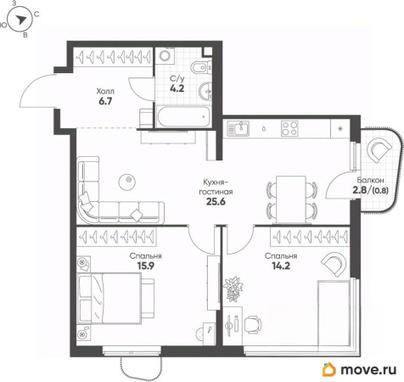 2-комн. квартира, 67.4 м&sup2;