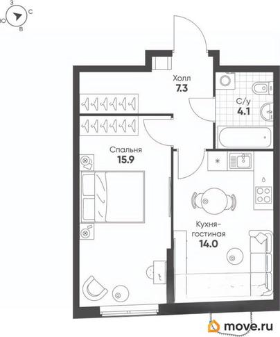 1-комн. квартира, 41.3 м&sup2;