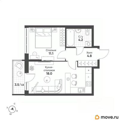 1-комн. квартира, 39.9 м&sup2;