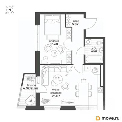 1-комн. квартира, 48.2 м&sup2;