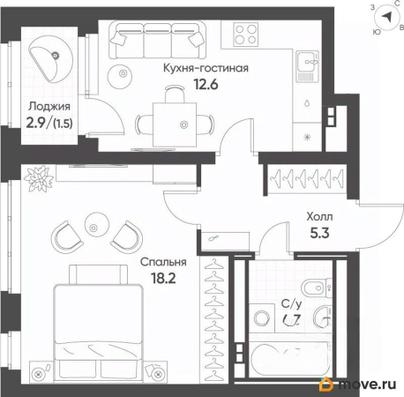 1-комн. квартира, 42.2 м&sup2;