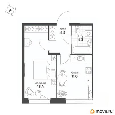 1-комн. квартира, 35.2 м&sup2;