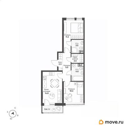 2-комн. квартира, 55.9 м&sup2;