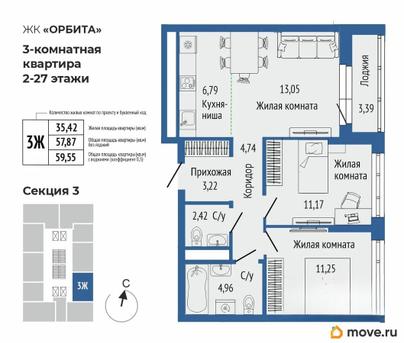 3-комн. квартира, 59.3 м&sup2;