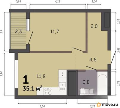 1-комн. квартира, 35.3 м&sup2;
